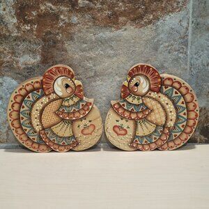 Vintage Pair of Wooden Chicken Wall Hanging Decor Marked Jackie '82